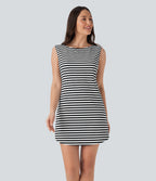 Boat Neck Sleeveless Curved Hem Mini Stripe Waffle Casual Dress with Pockets