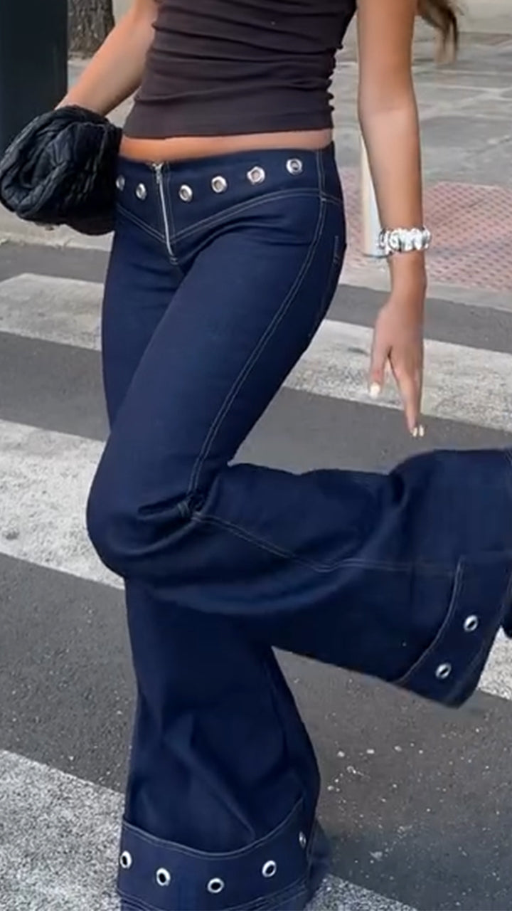 Women Rivet Decorative Spliced Casual Jeans