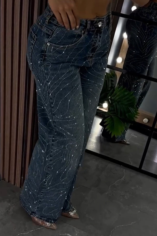 Women Rhinestone Washed Casual Jeans