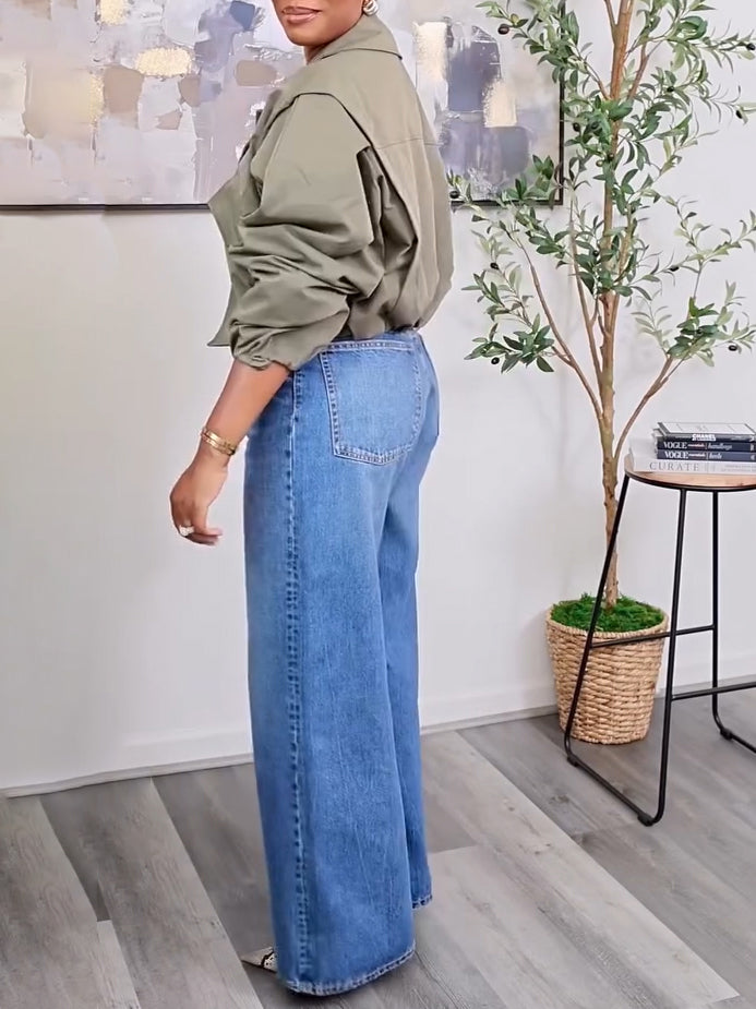 Fashion Asymmetric Waistband Wide Leg Jeans
