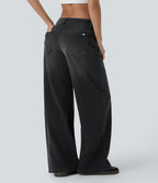 FlexTM Asymmetric Low Rise Zipper Pockets Baggy Wide Leg Washed Casual Jeans