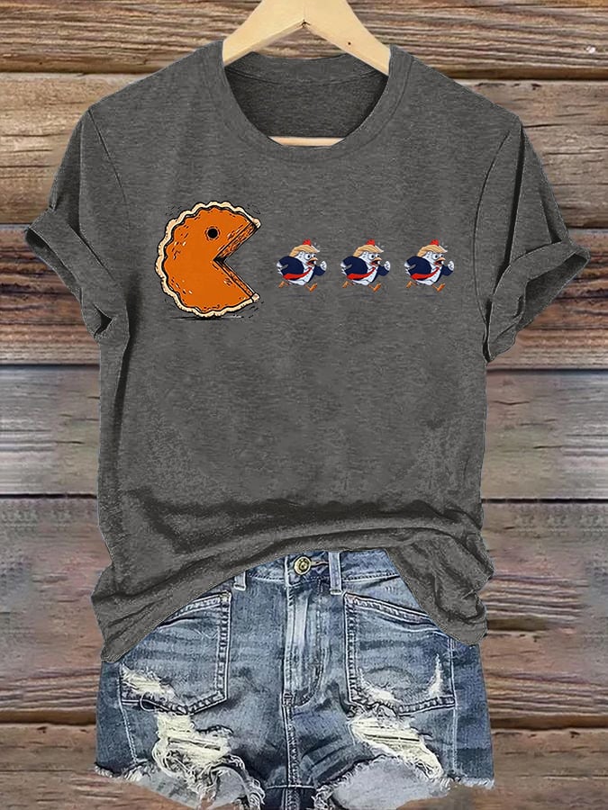 Women's  Funny Turkey Chasing Pie Sublimation FDT Thanksgiving  T-Shirt