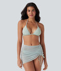 Sheer Mesh Halter Tie Back Drawstring 3-Piece Bikini Set