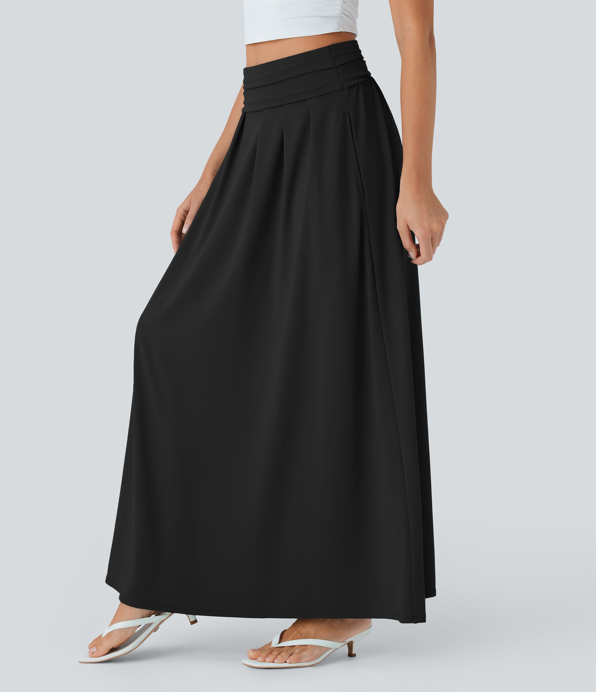 Socinched High Waisted Tummy Control Flare Maxi Casual Skirt with Pockets