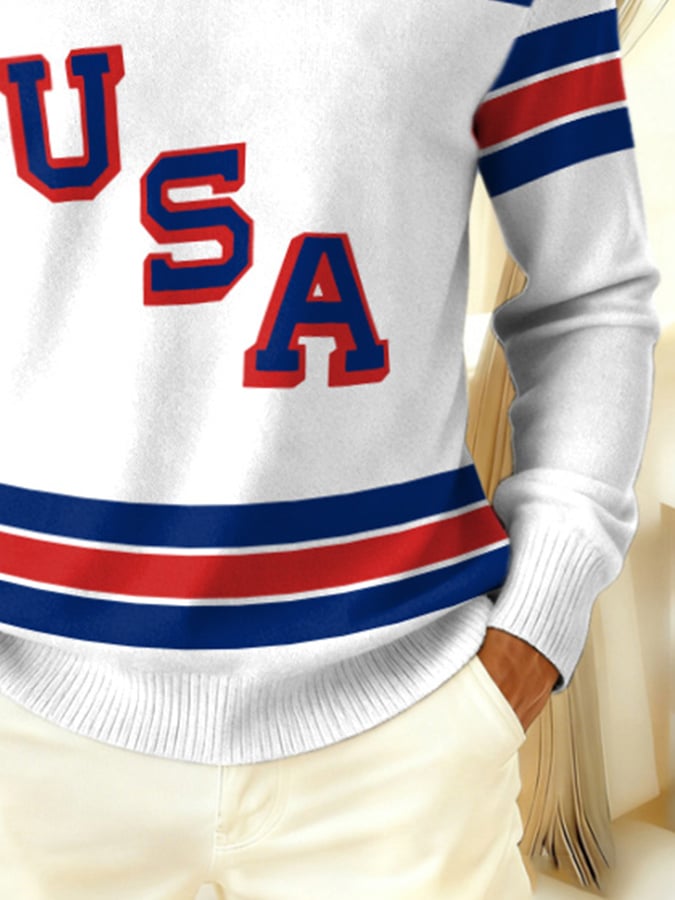 Retro Men's Usa Ice Hockey Print Turtleneck Sweater