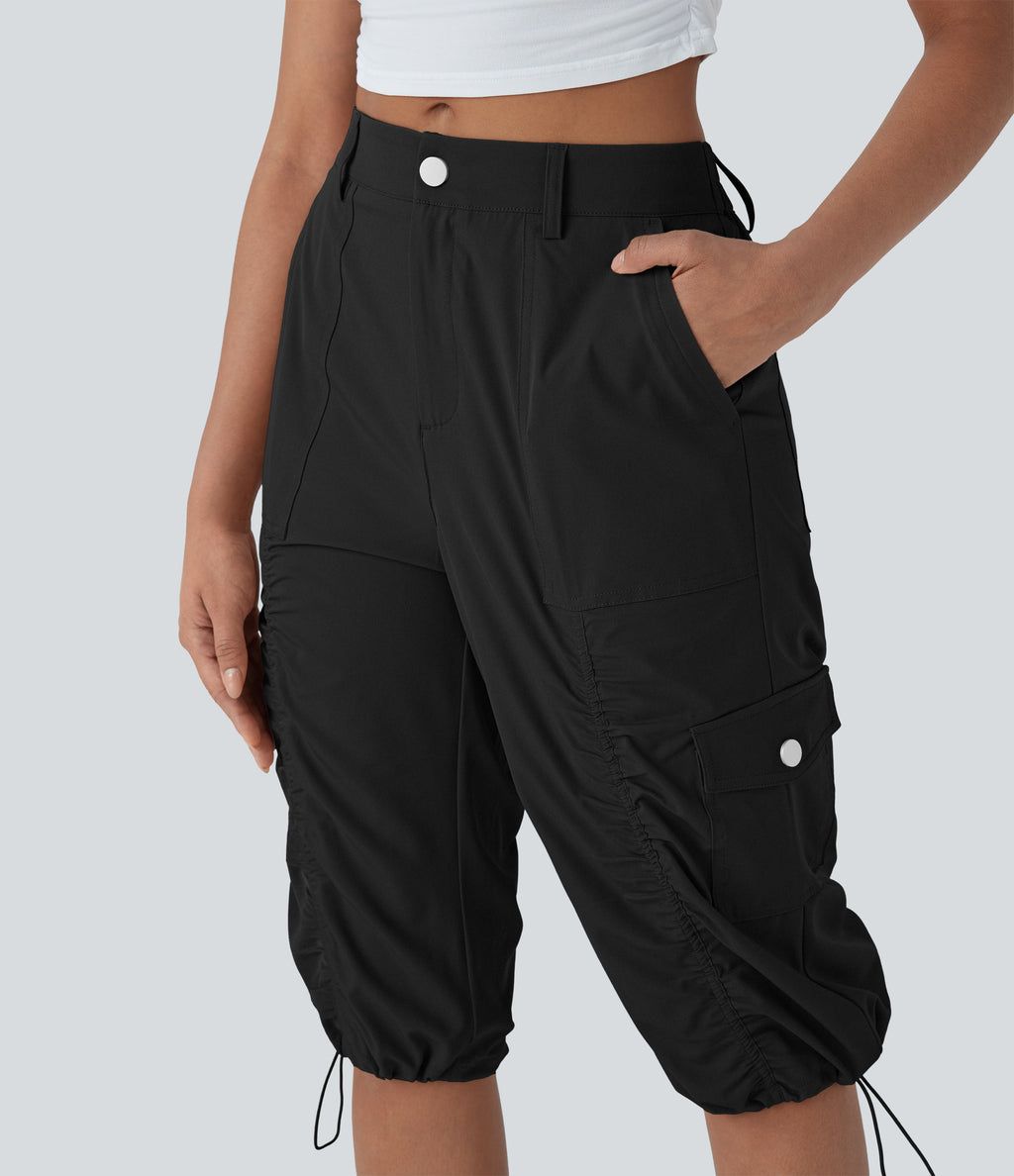 Mid-Rise Ruched Cargo Quick-Dry Casual Pedal Pusher Pants with Pockets