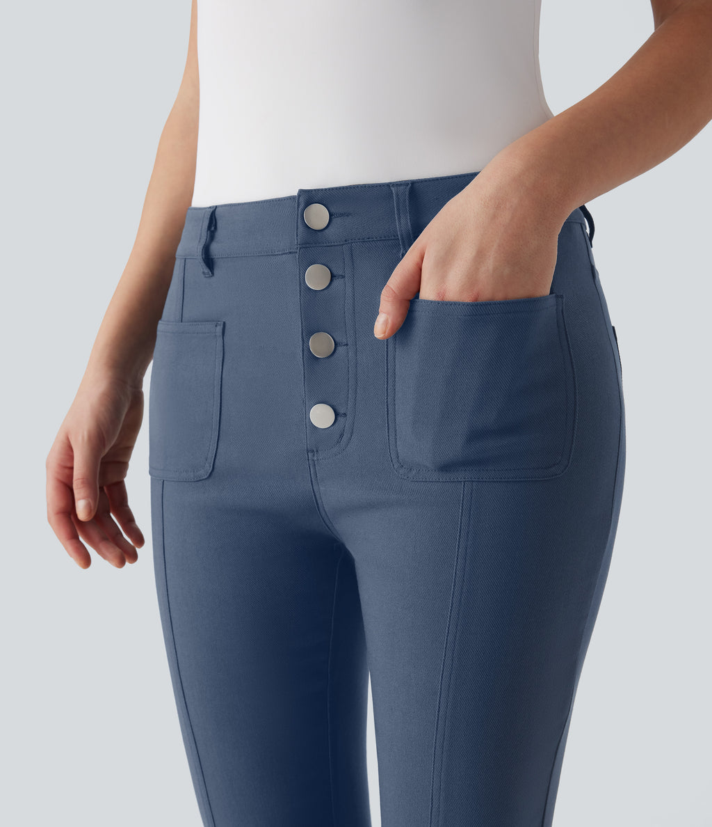 Mid Rise Denim Like Work Pants with Pockets