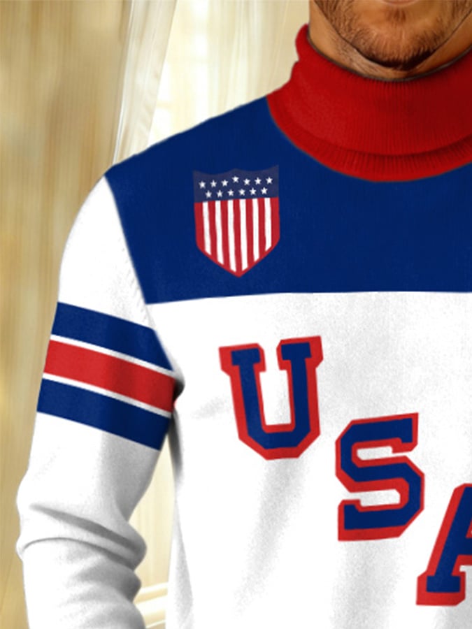 Retro Men's Usa Ice Hockey Print Turtleneck Sweater