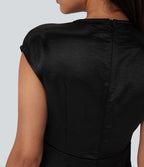 Round Neck Ruched Midi Satin Work Dress with Pockets