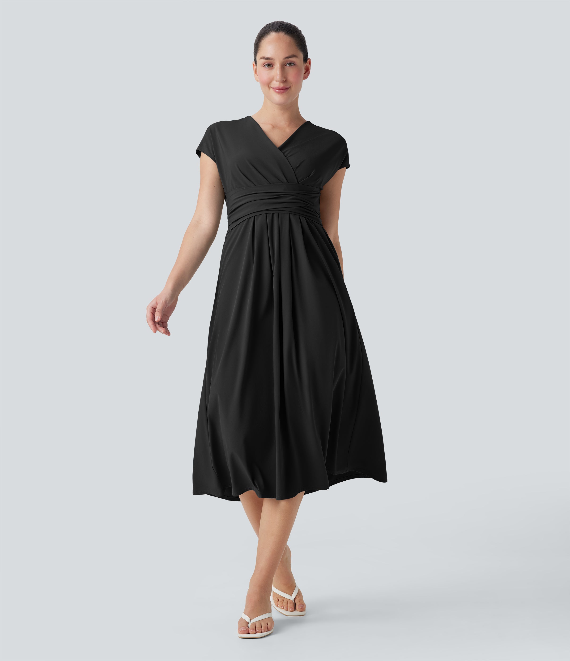 BreezefulTM V Neck Short Sleeve Pocket Tie Back Quick Dry Midi Casual Dress
