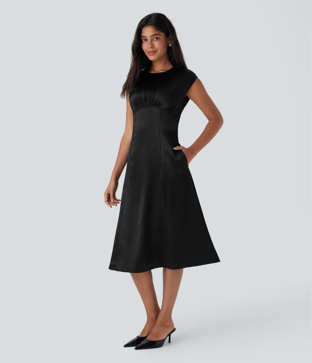 Round Neck Ruched Midi Satin Work Dress with Pockets