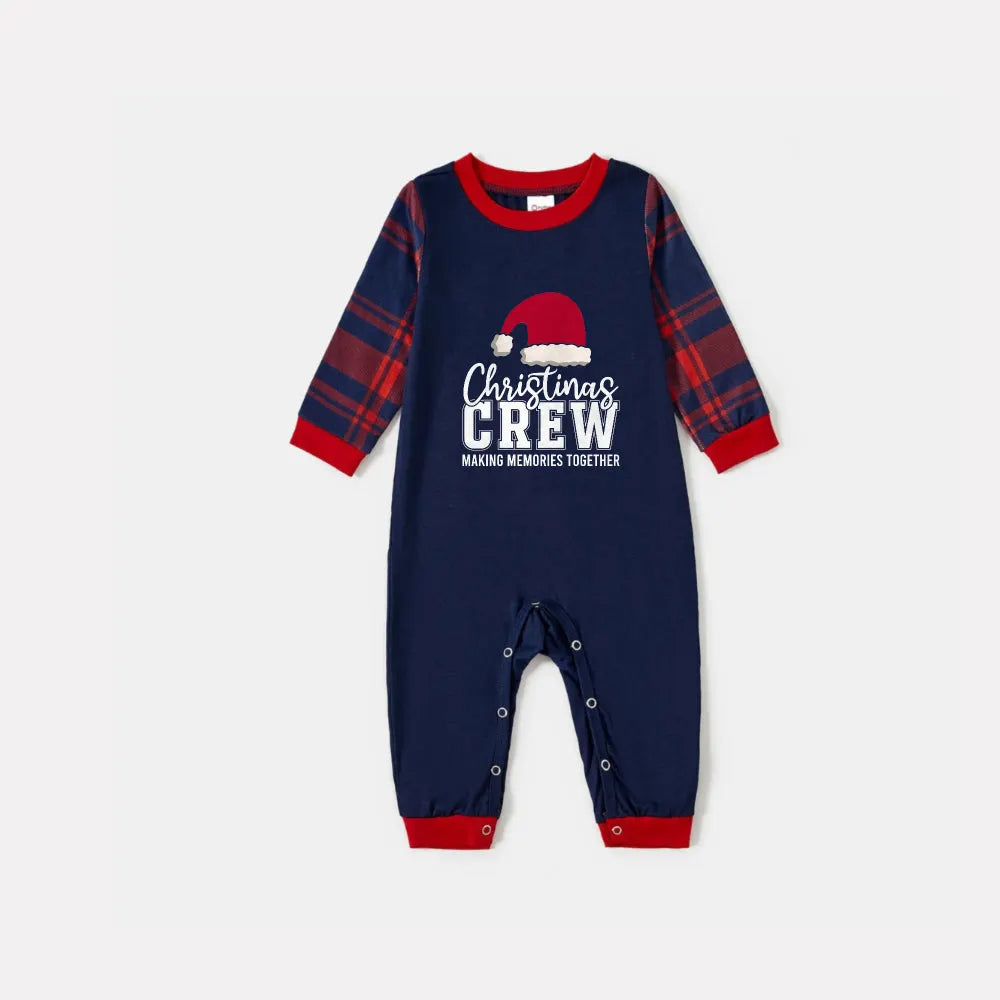 Christmas Family Matching Pajamas-Navy & Red Plaid Pjs Set with "Christmas Crew Making Memories Together" and Santa Hat Pattern Print