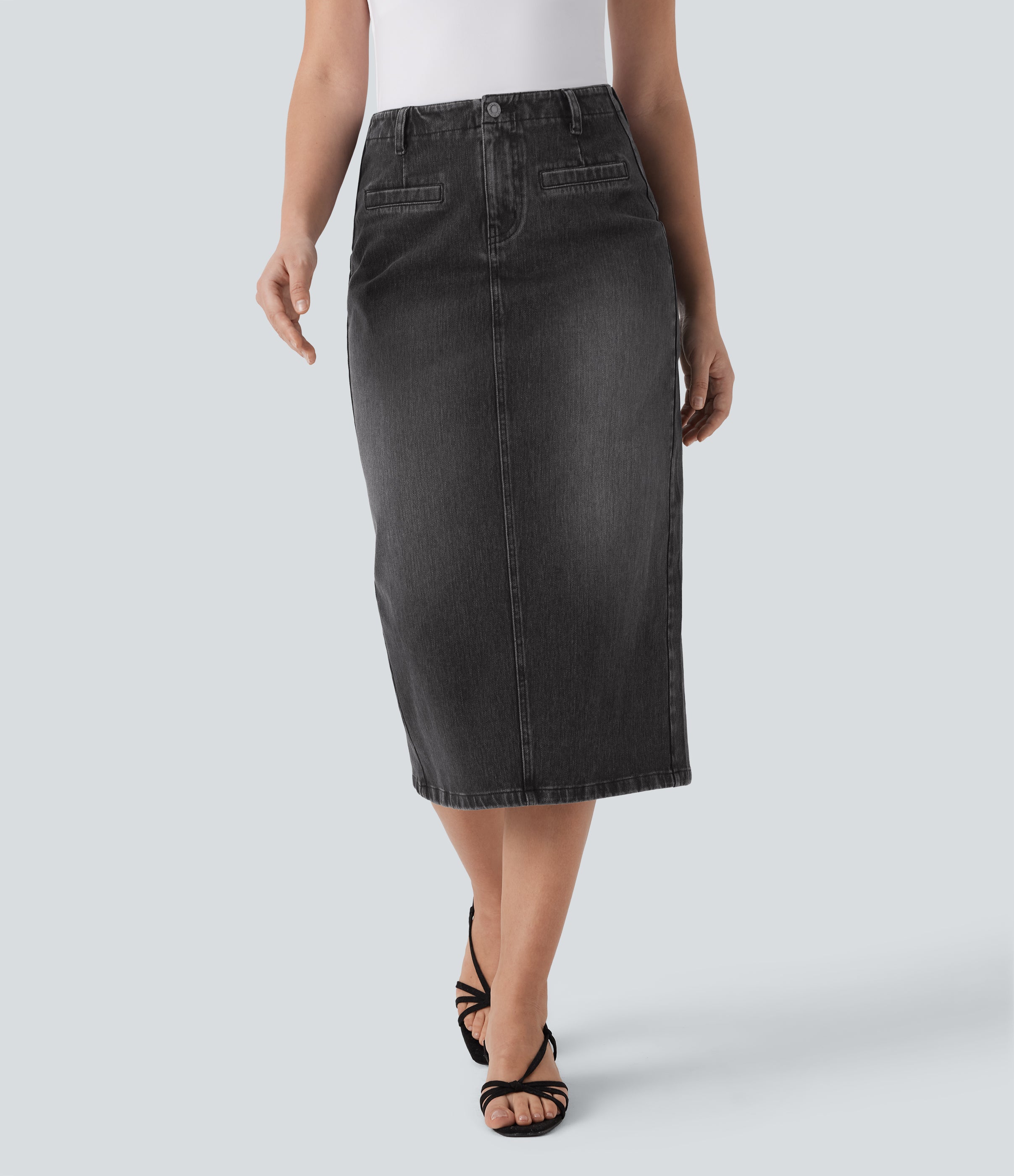 FlexTM Mid Rise Back Midi Washed Denim Casual Straight Skirt with Pockets
