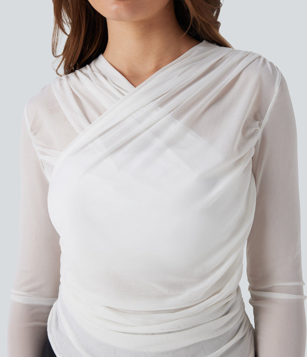 Sheer Mesh Crossover V Neck Ruched Casual Top