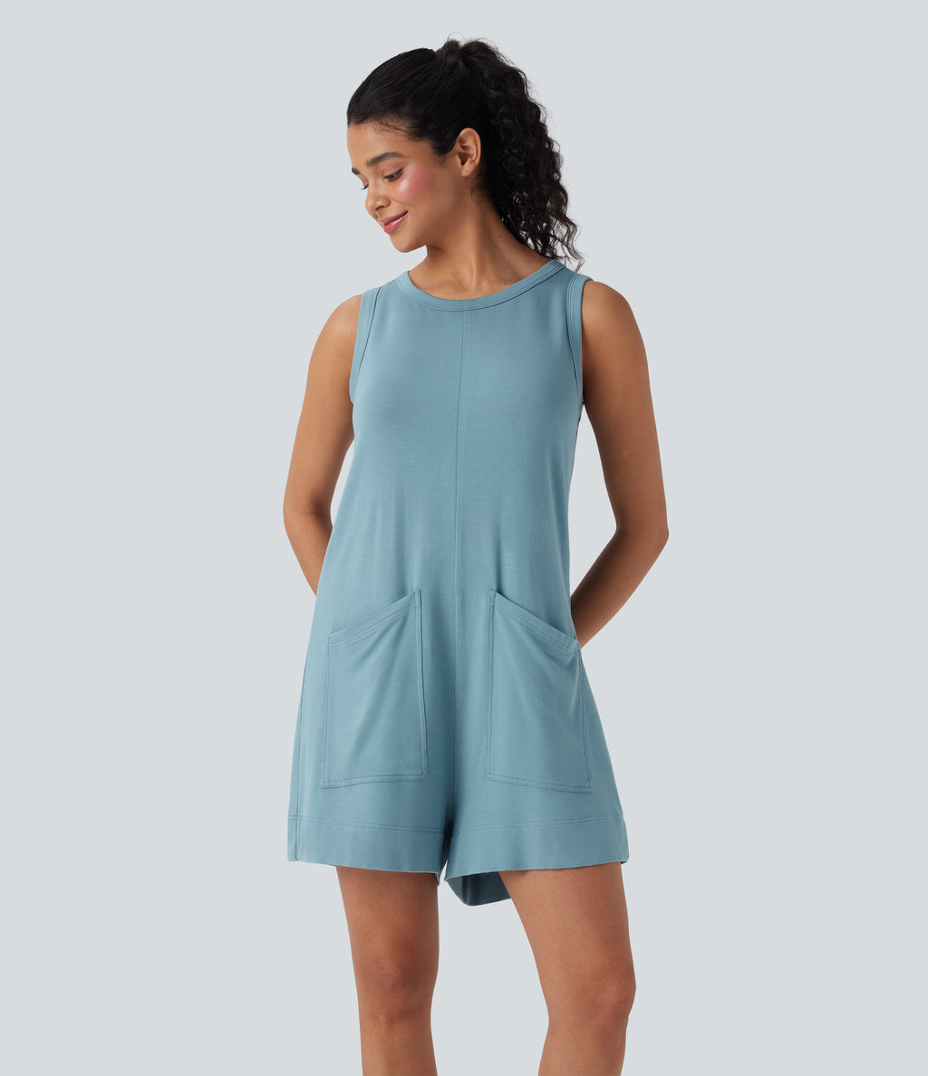 Round Neck Sleeveless Casual Jumpsuit with Pockets