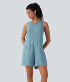 Round Neck Sleeveless Casual Jumpsuit with Pockets