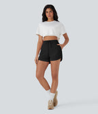 High Waisted Drawstring Contrast Mesh Curved Hem Yoga Shorts with Pockets