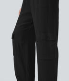 High Waisted Drawstring Wide Leg Cargo Casual Cotton Pants with Pockets