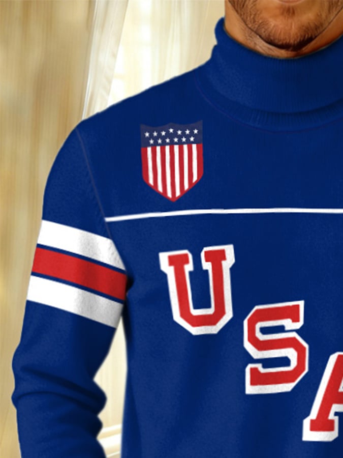 Retro Men's Usa Ice Hockey Print Turtleneck Sweater