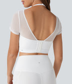 Halter Short Sleeve Contrast Mesh 2-in-1 Cropped Yoga Sports Top