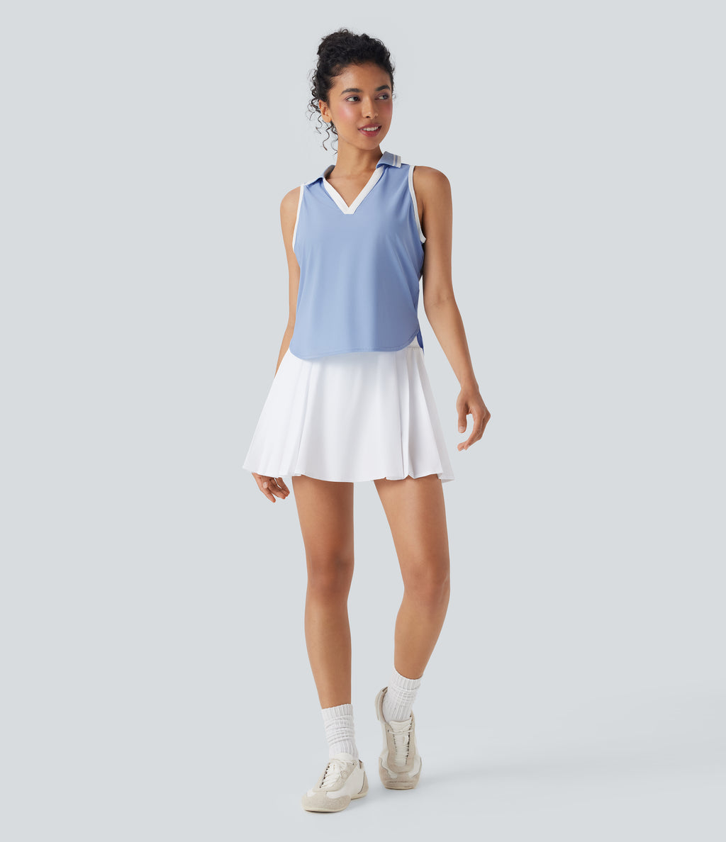 Color Block Polo V Neck Sleeveless Quick Dry Casual Top-UPF50+