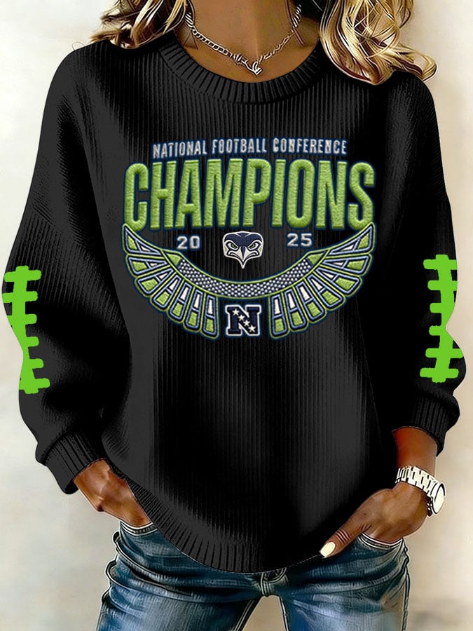 Women's Football Printed Knit Crew Neck Long-Sleeved Top