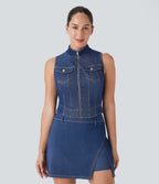FlexTM Stand Collar Zipper Cool Touch Washed Denim Tennis Tank Top