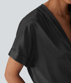 Crossover V-Neck Batwing-Sleeve Snap Satin Work Bodysuit
