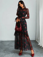 Women's Gothic Elegant Sexy Mesh Splicing Colorful Print Retro Petal Sleeves Ruffle Mermaid Hem Double Layer Dress