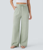 Women Summer High Waisted Drawstring Pocket Wide Leg Casual Linen-Feel Pants