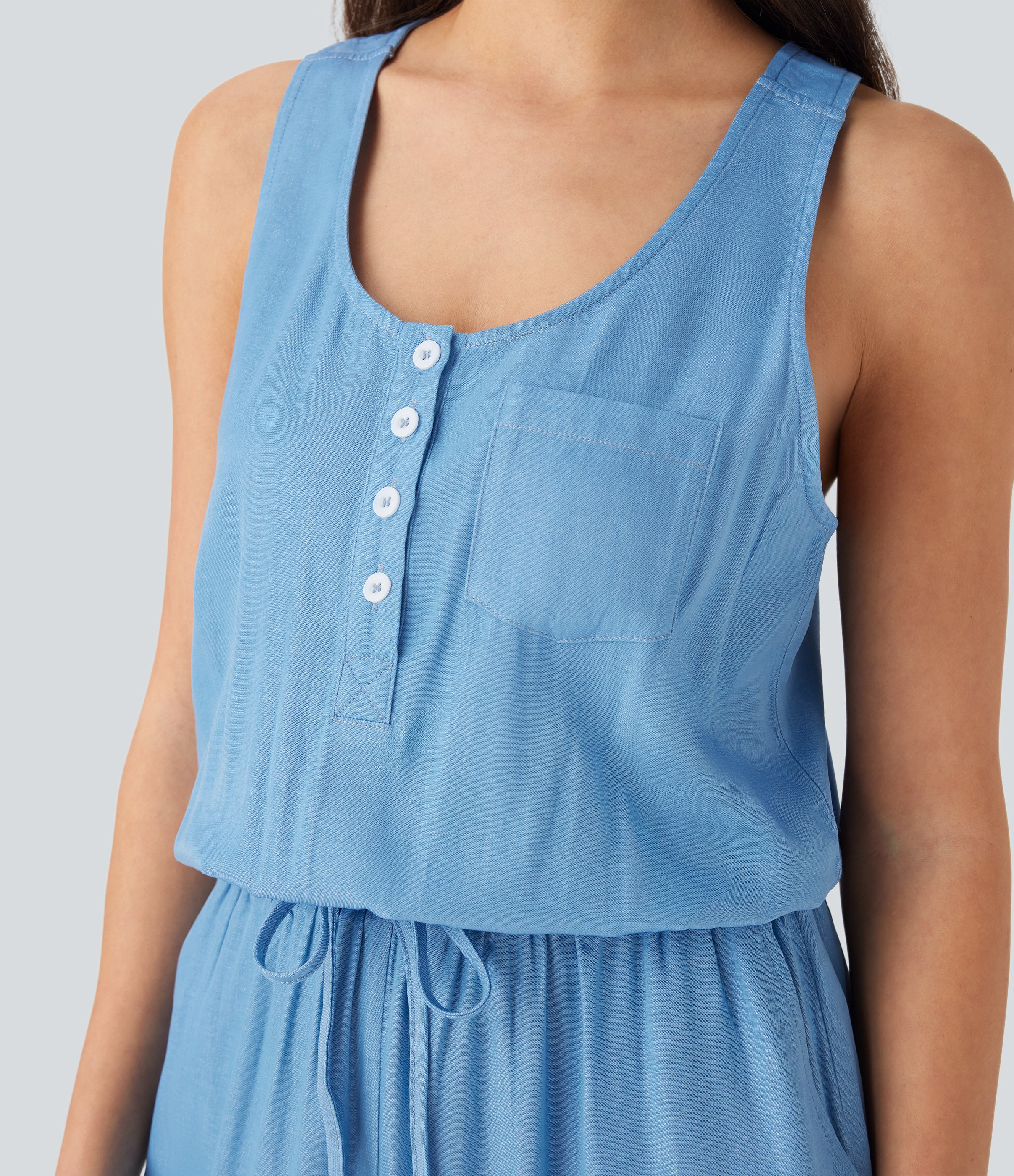 Drawstring Tapered Denim Like Casual Jumpsuit with Pockets