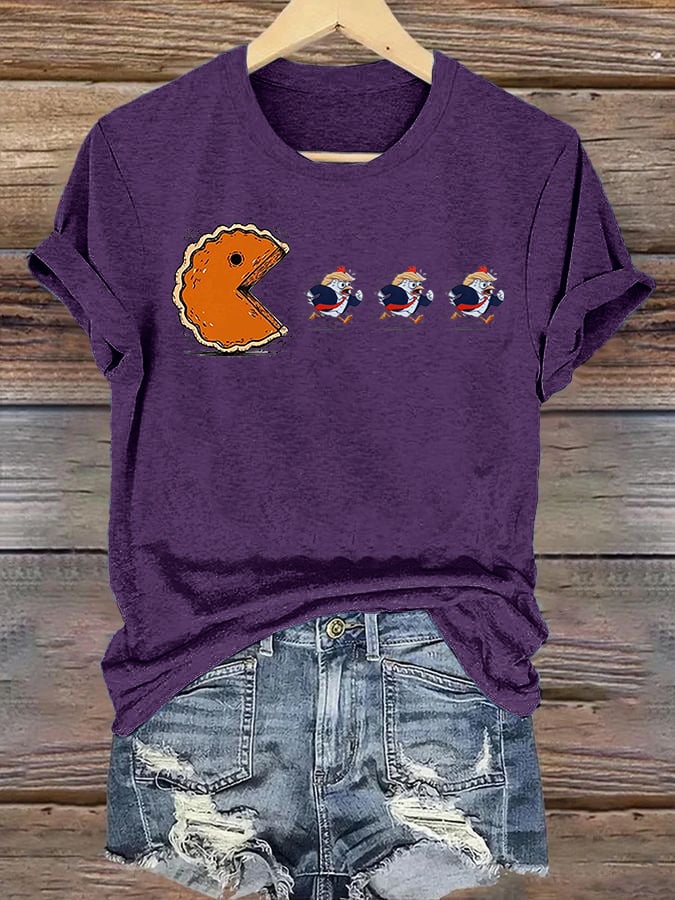 Women's  Funny Turkey Chasing Pie Sublimation FDT Thanksgiving  T-Shirt