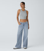 FlexTM Asymmetric Low Rise Zipper Pockets Baggy Wide Leg Washed Casual Jeans