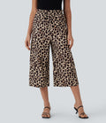 High Waisted Drawstring Leopard Print Wide Leg Capri Casual Pants with Pockets