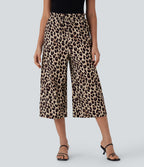 High Waisted Drawstring Leopard Print Wide Leg Capri Casual Pants with Pockets