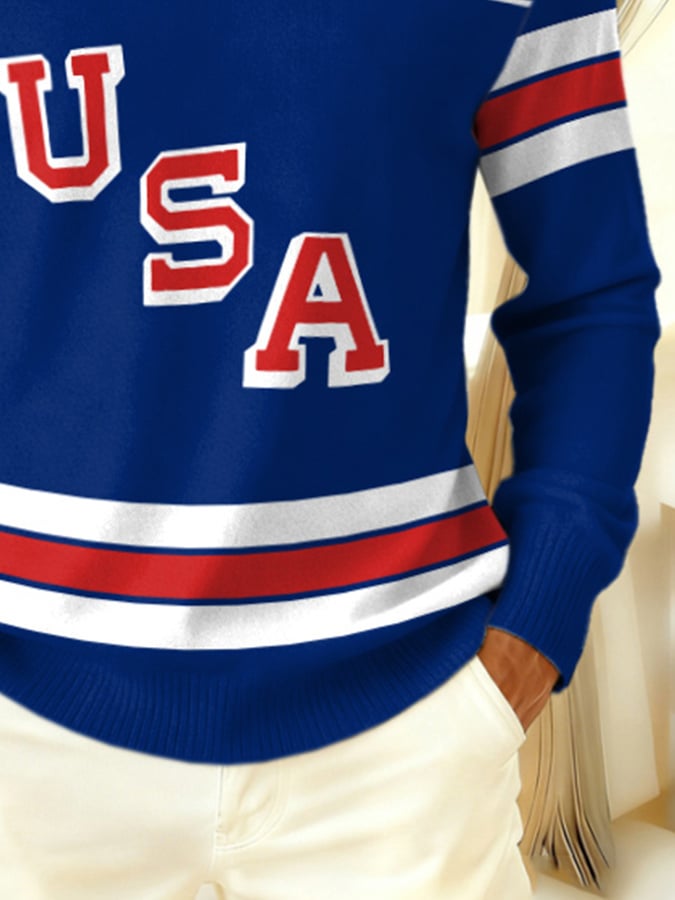 Retro Men's Usa Ice Hockey Print Turtleneck Sweater