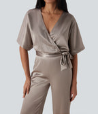 Crossover V Neck Belted Wide Leg Satin-like Work Jumpsuit with Pockets