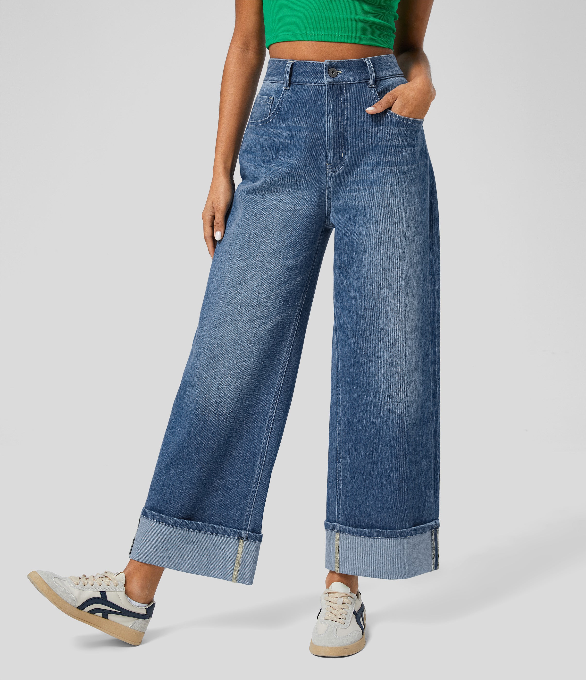 FlexTM High Waisted Multiple Pockets Rolled Hem Wide Leg Washed Stretchy Knit Casual Jeans