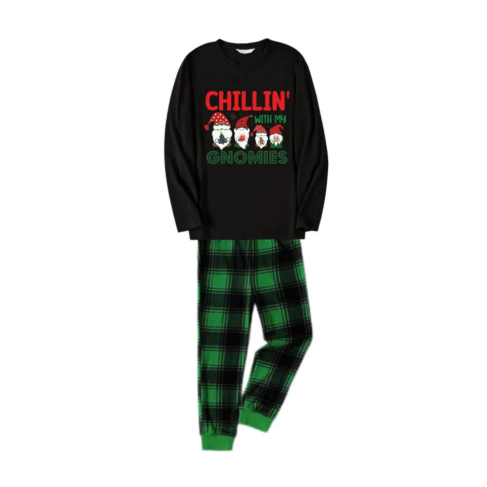 Christmas Family Matching Pajamas-Black Top and Green Plaid Pants Pjs Set with "Chillin With My Gnomies" Print