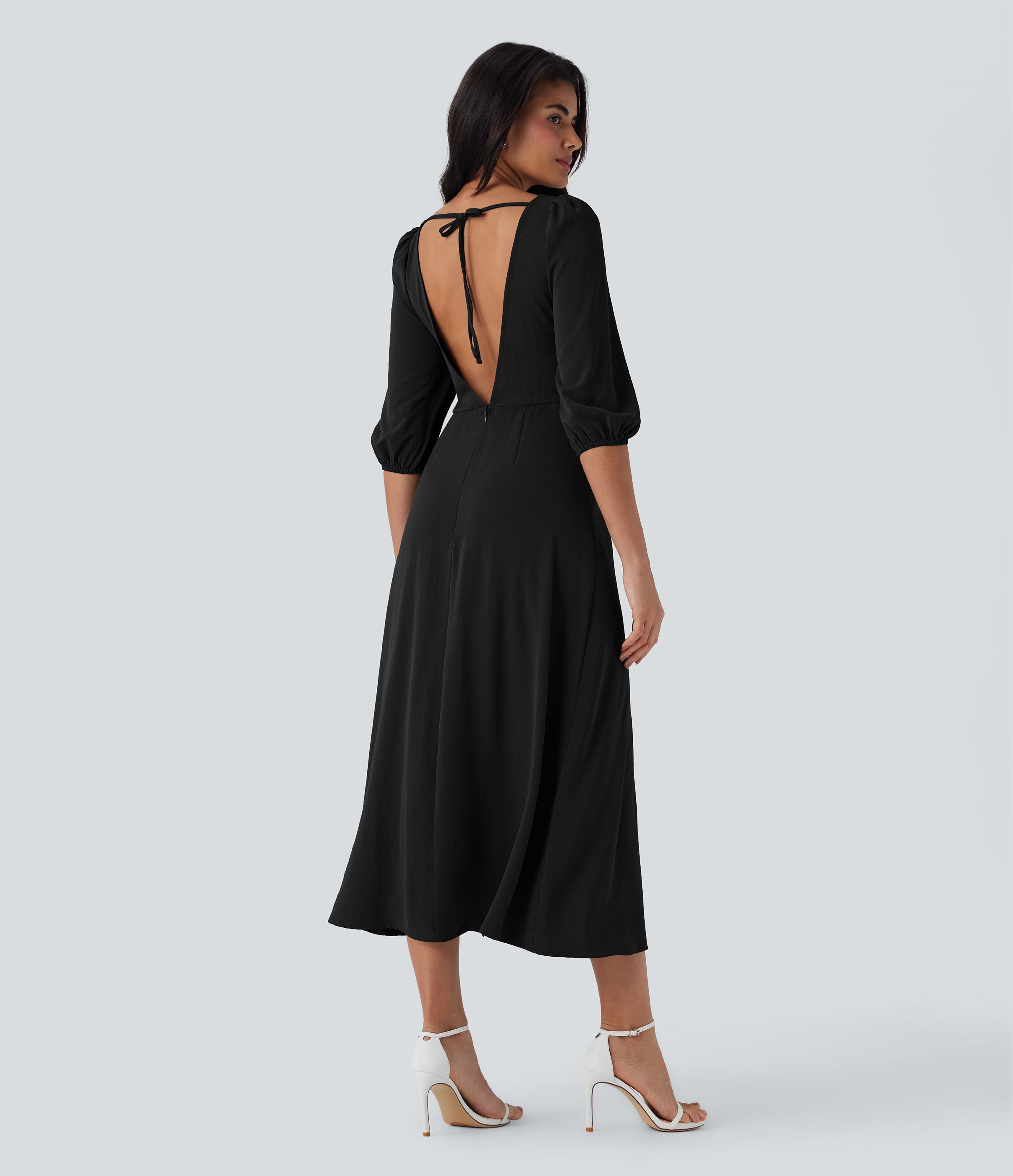 Tie Back Zipper Puff Sleeve Dress