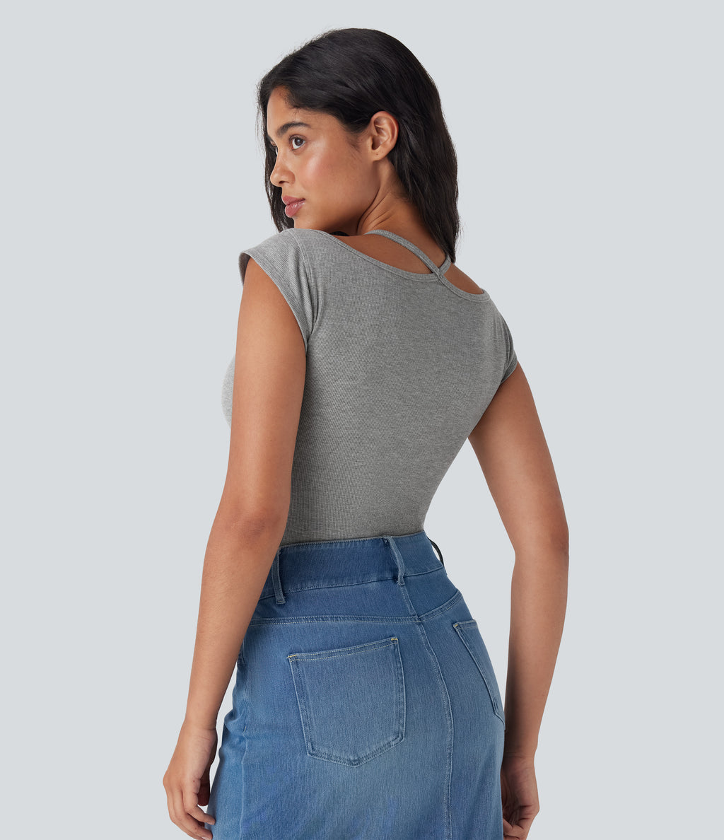 High Stretch Ribbed Knit Lace Halter Cap Sleeve Top
