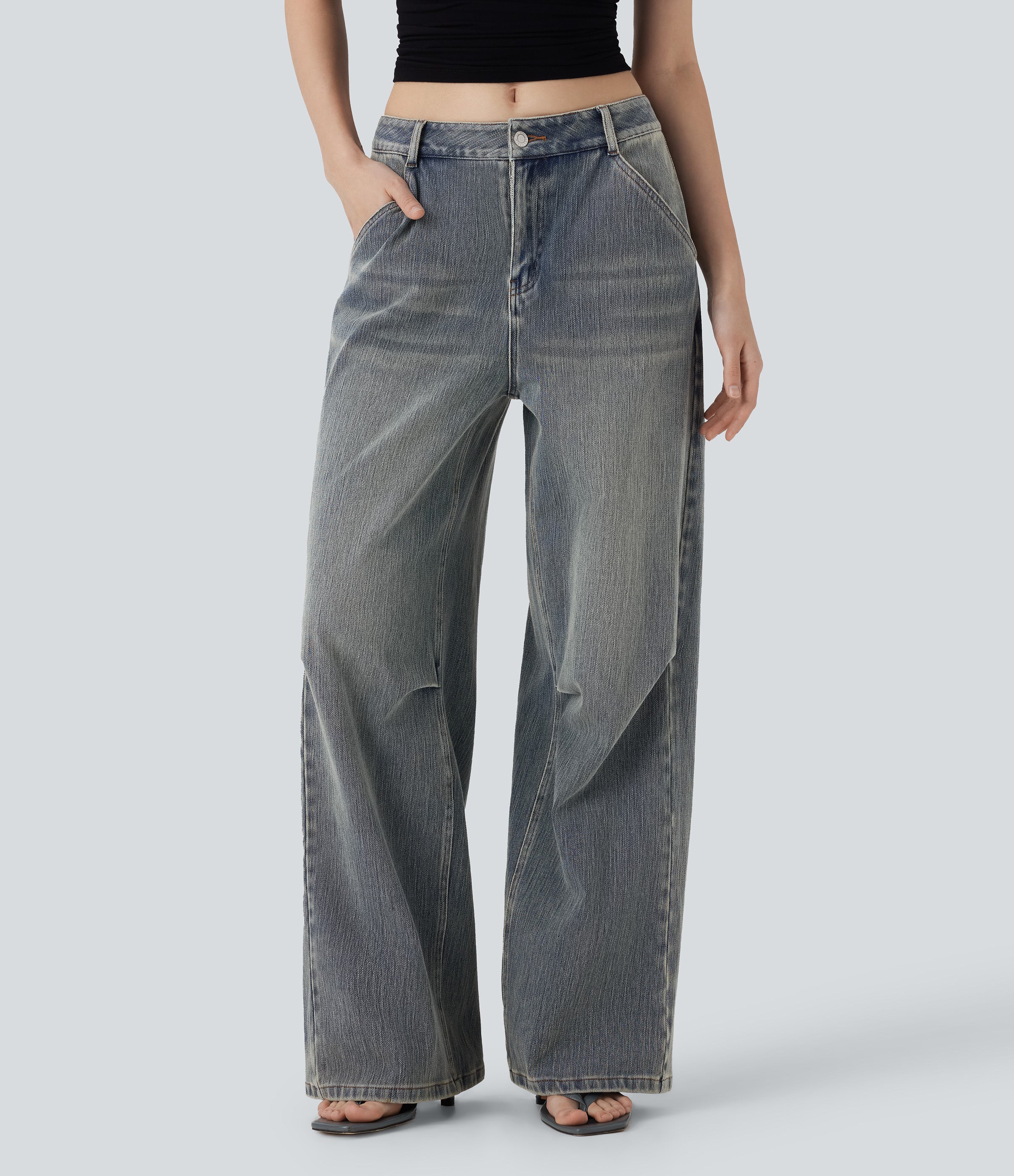 FlexTM Low Rise Wide Leg Washed Casual Jeans with Pockets