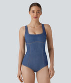 FlexTM Square Neck Racerback Cool Touch Washed Denim Tennis Bodysuit