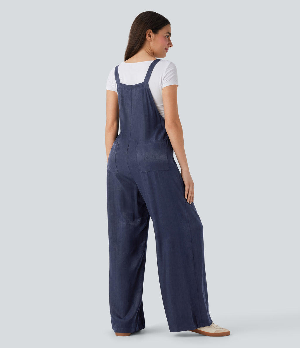 Denim Like Casual Overalls with Pockets-Front and Back Wearable