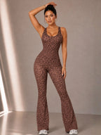 Women's Leopard Print Yoga Jumpsuit, Cross Strap Design, Long Sleeve Slim Fit, Casual Fashion for All Seasons, Comfortable Wear at Home