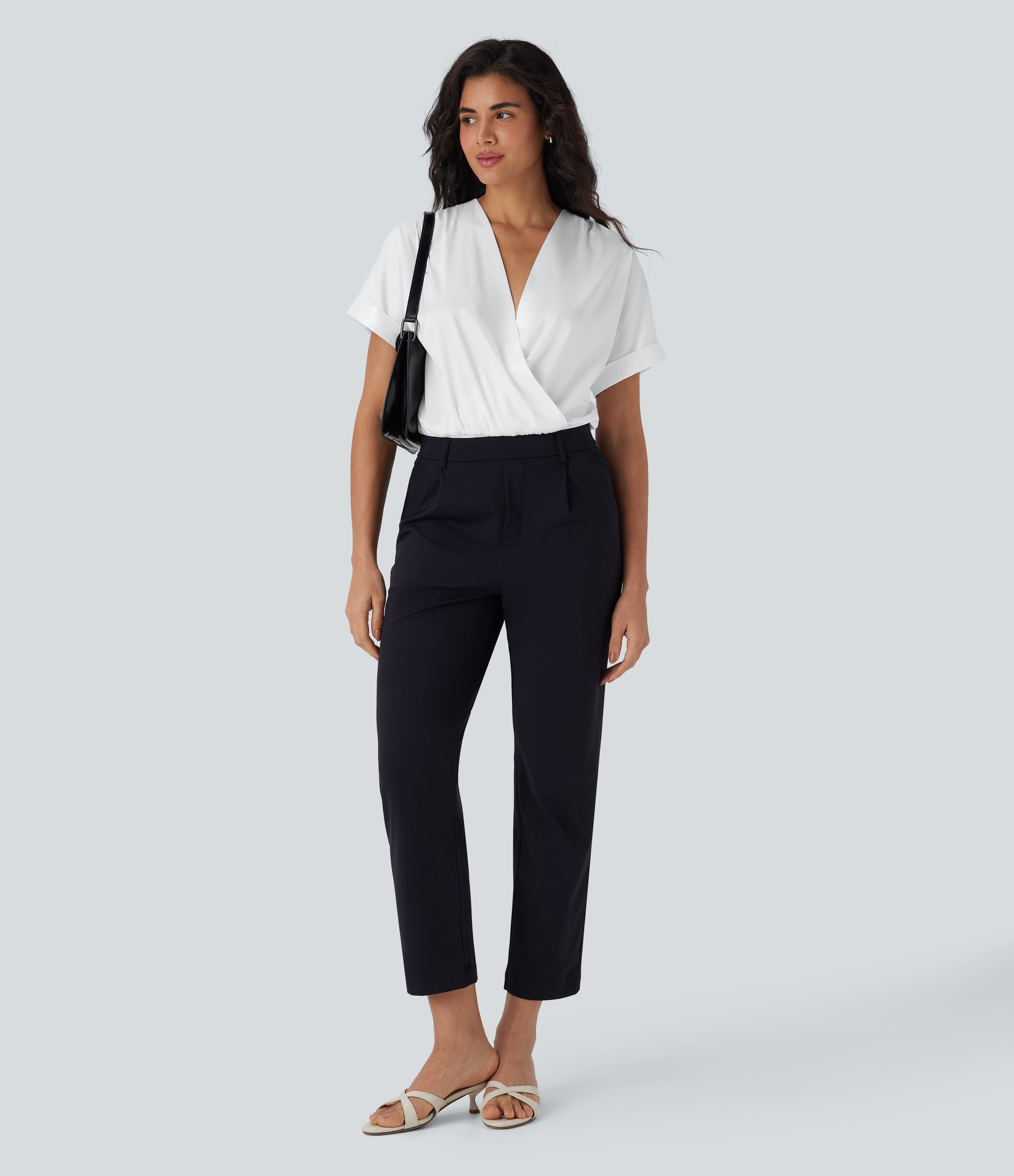 Crossover V-Neck Batwing-Sleeve Snap Satin Work Bodysuit