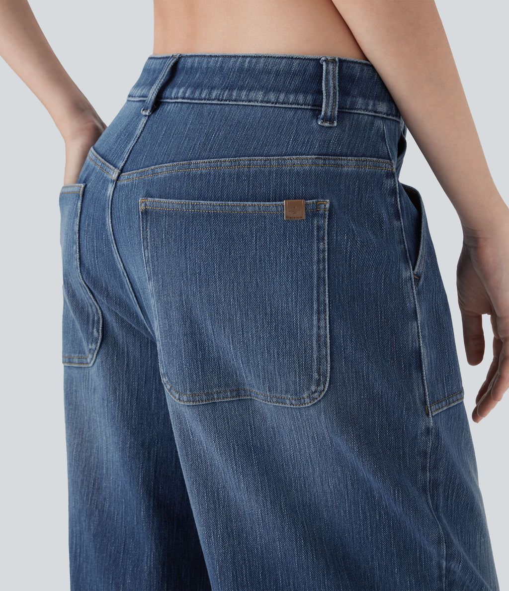 FlexTM Low Rise Rolled Hem Washed Casual Baggy Jeans with Pockets