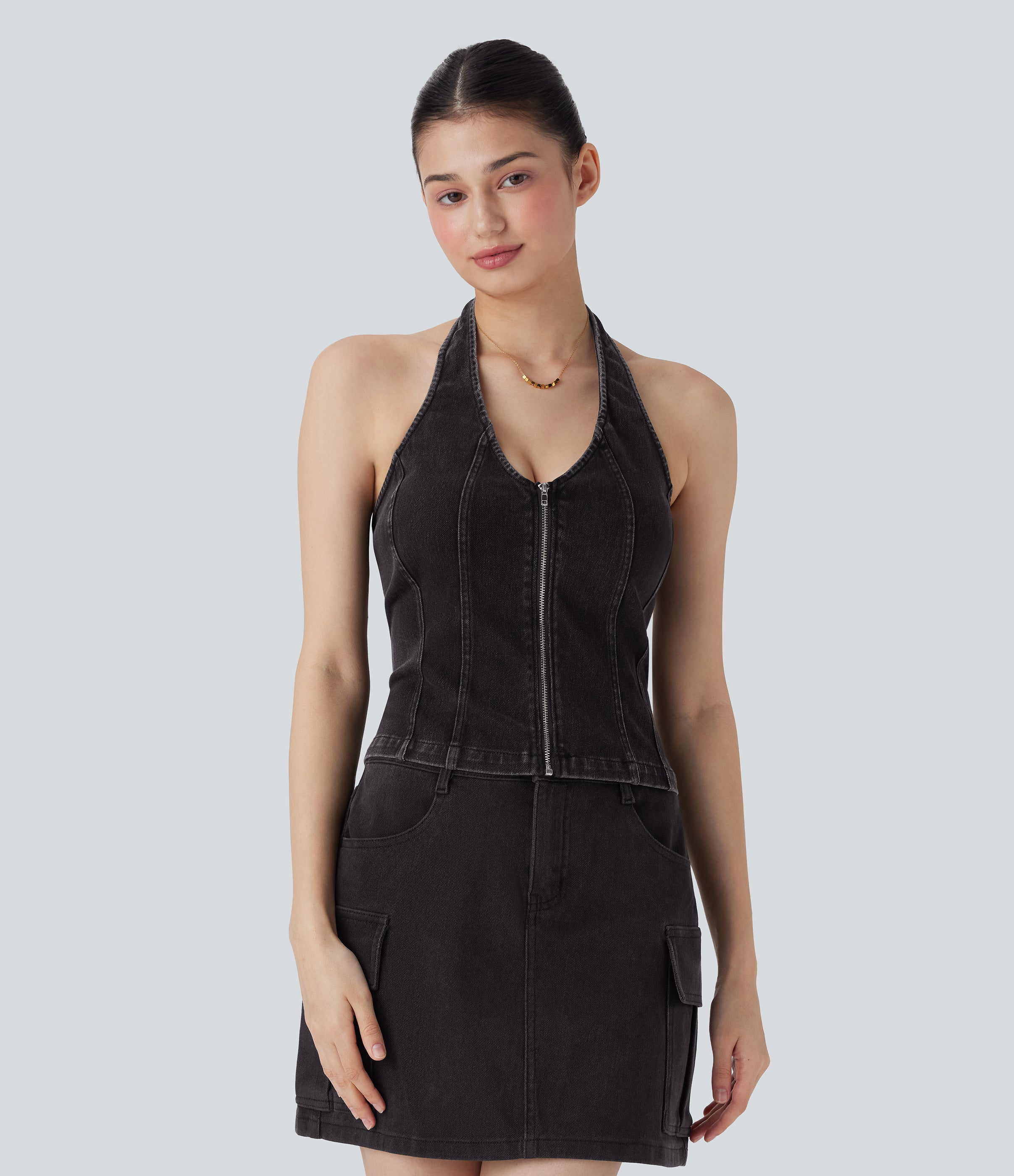 FlexTM Halter Zipper Washed Denim Casual Tank Top