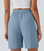 High Waisted Drawstring Casual Linen-Feel Shorts with Pockets