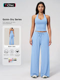 Women's Solid Halter Neck Top & Wide Leg Pants Sports Set